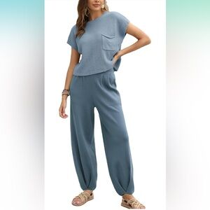 Woven Knit Pocket Jumpsuit - Dusty Blue